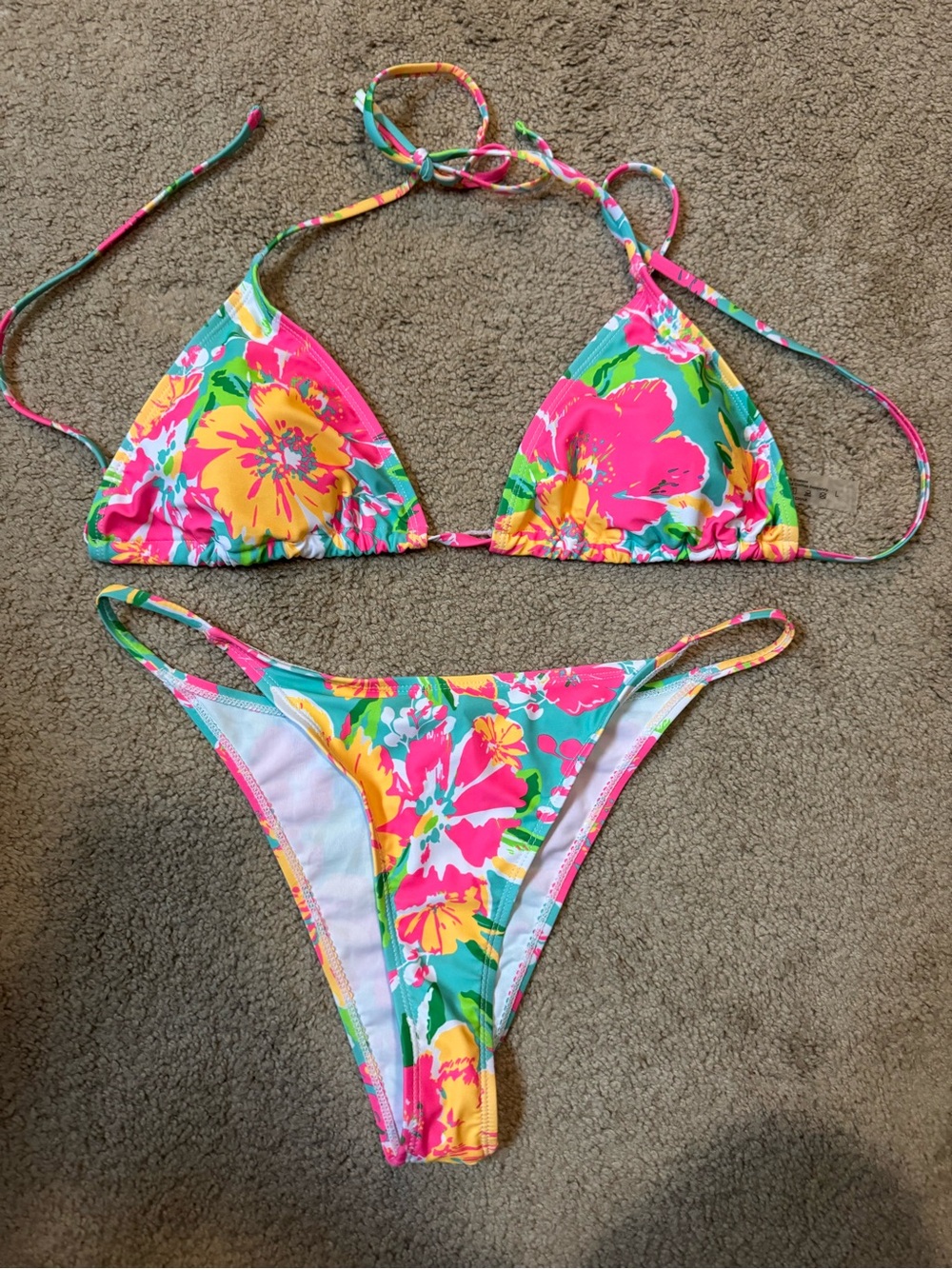 SHEIN Tropical Floral String Bikini in Pink, Yellow & Green